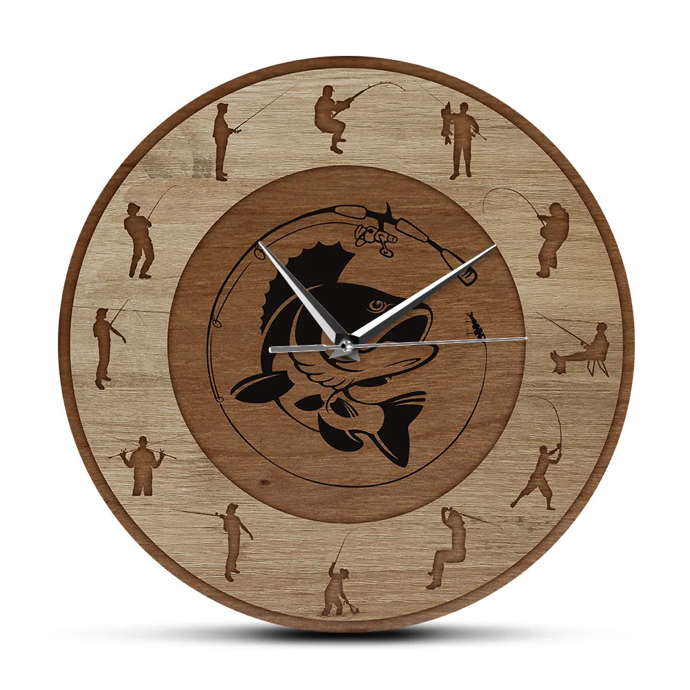 Фото Bass Art Fish O'clock Silent Swept Рыболовные настенные часы Lodge Cabin Man Cave Art Decor Рыбак Настенные часы Рыбалка Подарки для него №1