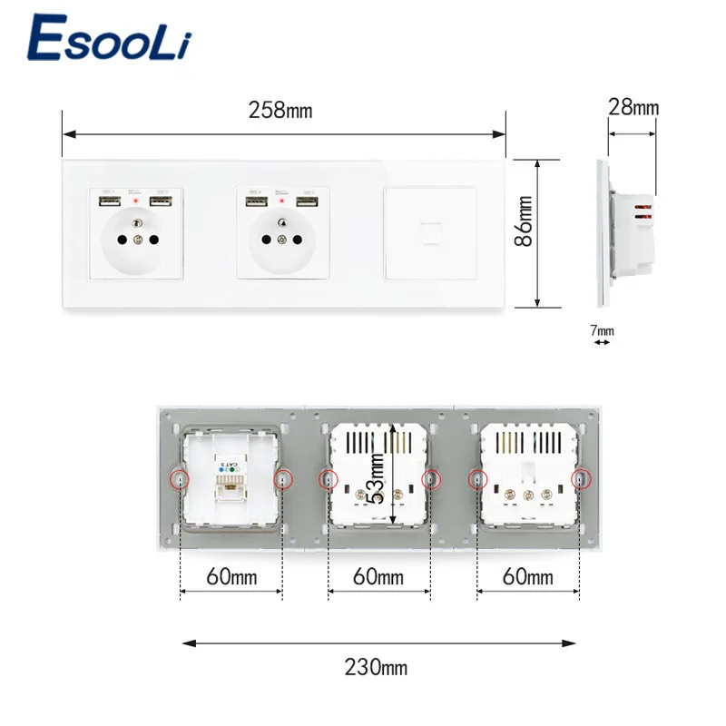 Розетка стеновая из закаленного стекла с 4 USB портами и коннектором