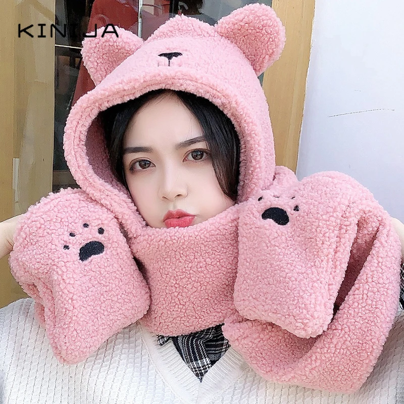 Милая шапка шарф и перчатки Bear Ear в комплекте сплошной цвет яркая теплая Новинка