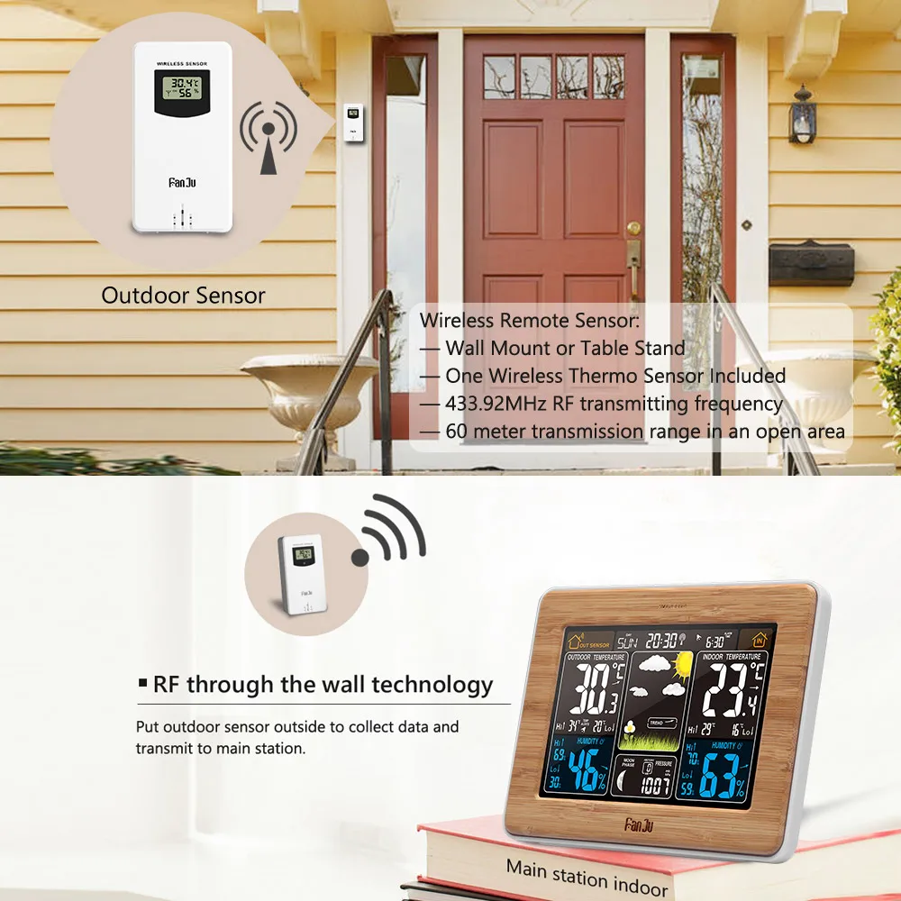 Метеостанция FanJu для дома и улицы цветной барометр термометр гигрометр часы