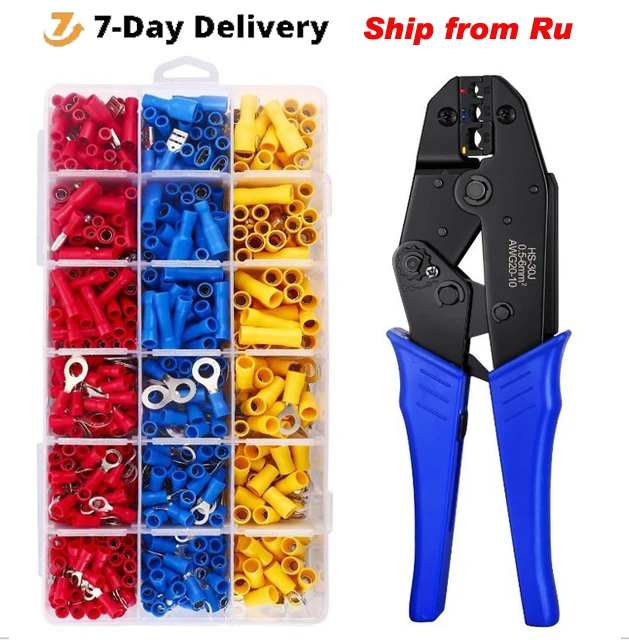 

700pc Insulated Cable Connector Ring Lugs Terminals Kit with Crimp Plier Electrical Wire Assorted Crimp Spade Butt Ring Fork Set
