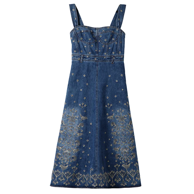 

2021 fashion show spring Autumn suspenders sexy dress heavy embroidery dress denim skirt women