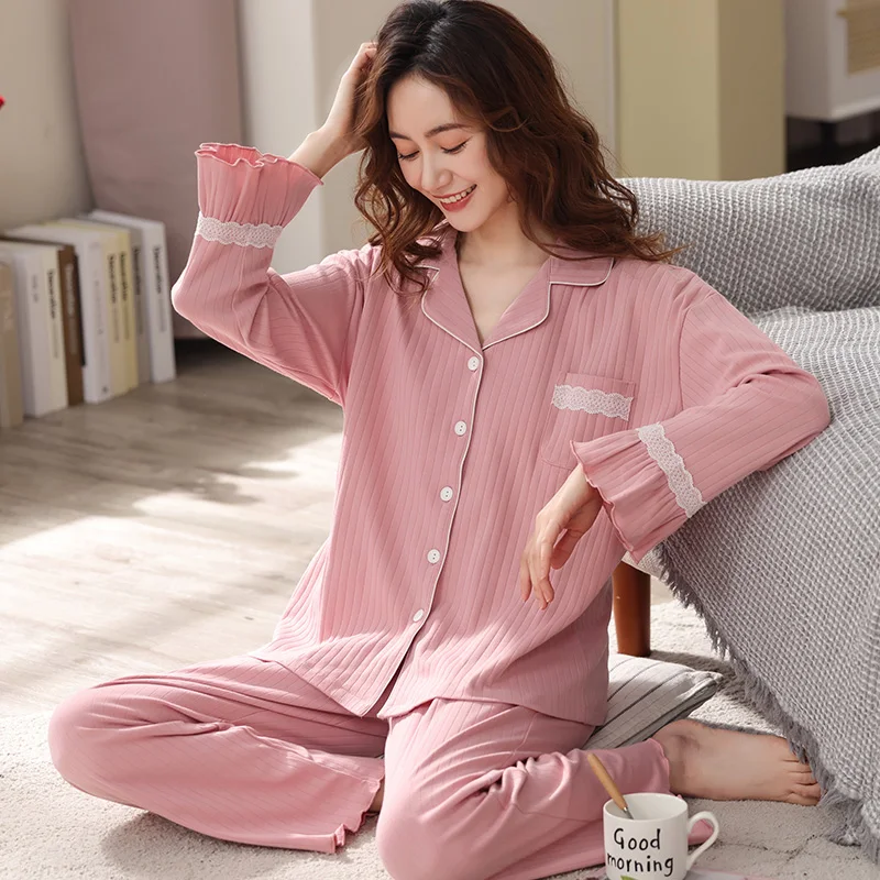 Winter 100% Cotton Pajamas Women Pijamas Homeclothes Black Cotton Homewear Lace Sleepwear 2021 Fashion PJ Set Pyjama Femme