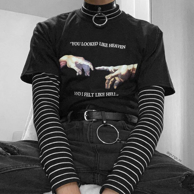 New Harajuku Gothic Female Tshirt Heaven Hell Print Short Sleeve Tops &amp Tees Fashion Casual T Shirt Women Clothing T-shirts | Женская