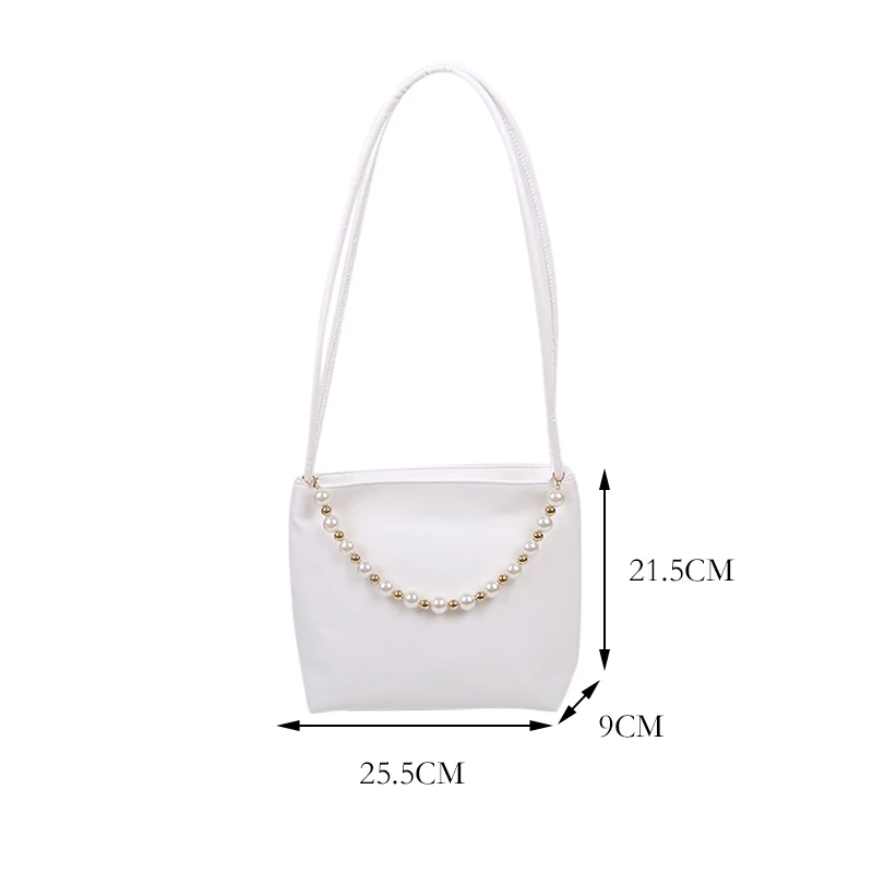 

Vintage Women Bucket Shoulder Underarm Bag Ladies Casual Small Pearl Chain Purse Handbag PU Leather Pure Color Zipper Square Bag