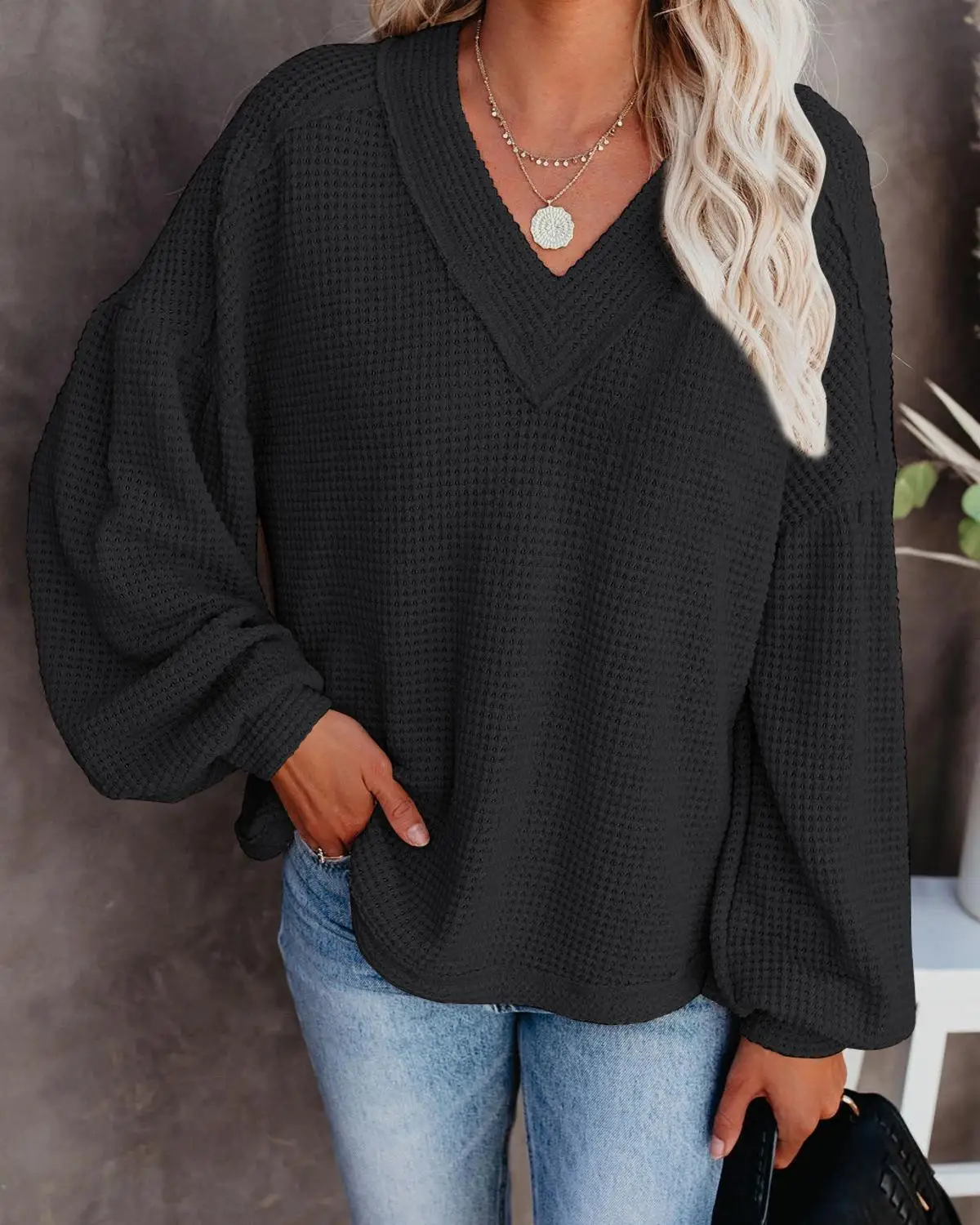 

Unique Nature Womens V Neck Waffle Pullover Batwing Sleeve Pullover Female Solid Color Waffle Knit Slouchy Loose Sweater