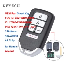 Keyecu OEM Part Keyless Prox Smart Remote Car Key Fob 5 Buttons 433MHz 4A Chip for Honda Accord 2018 2019 2020 CWTWB1G0090