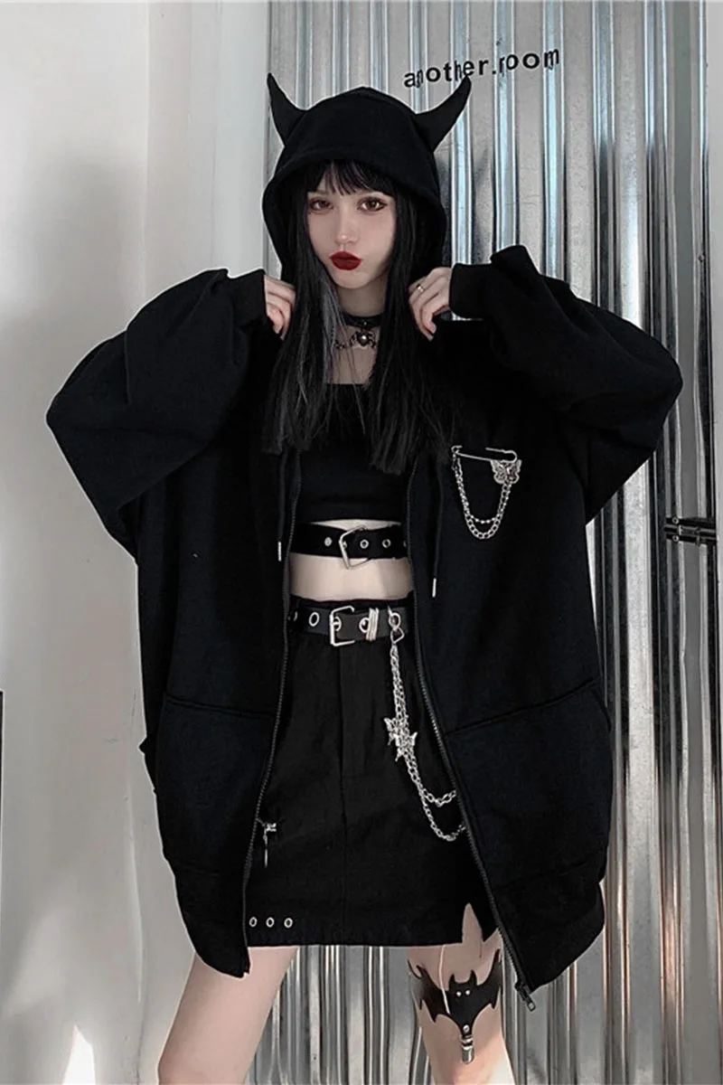 

New Gothic Sweatshirt Women Autumn Winter Fashion Punk Women Hoodies Long Sleeve Cotton Zip Up Hoodie Black Loose Pullover