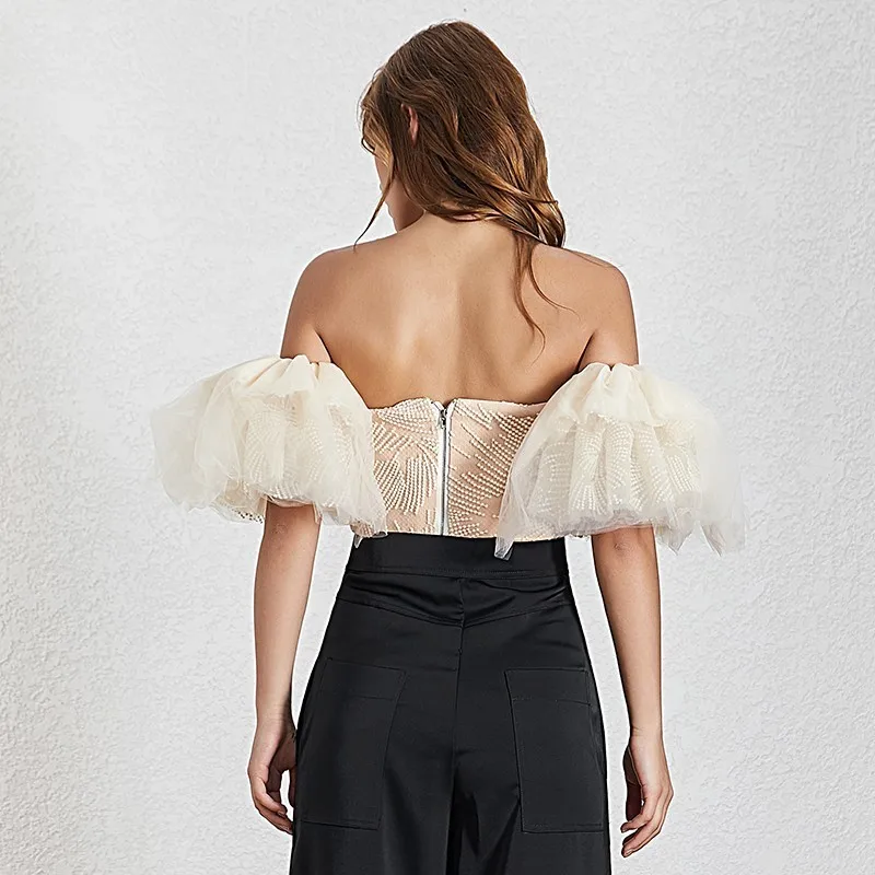 

GALCAUR Apricot Sexy Women's Blouses Slash Neck Half Sleeve Off Shoulder Embroidery Patchwork Shirts Female Fashion Summer 2020