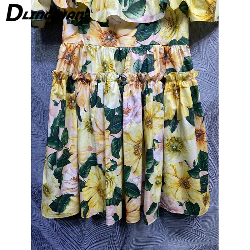 

DLINGHAN Fashion Flower Print Summer 100% Cotton Dresses Women's Off Shoulder Spaghetti Strap Ruffles Vacation Mini Dresses