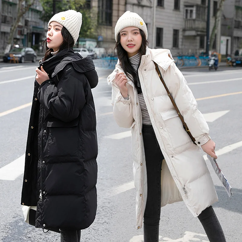 

2021 New Cotton Padded Jacket Korean Winter Women's Clothing Fashion Hooded Big Pockets Loose Thickened Down Cotton Medium Long