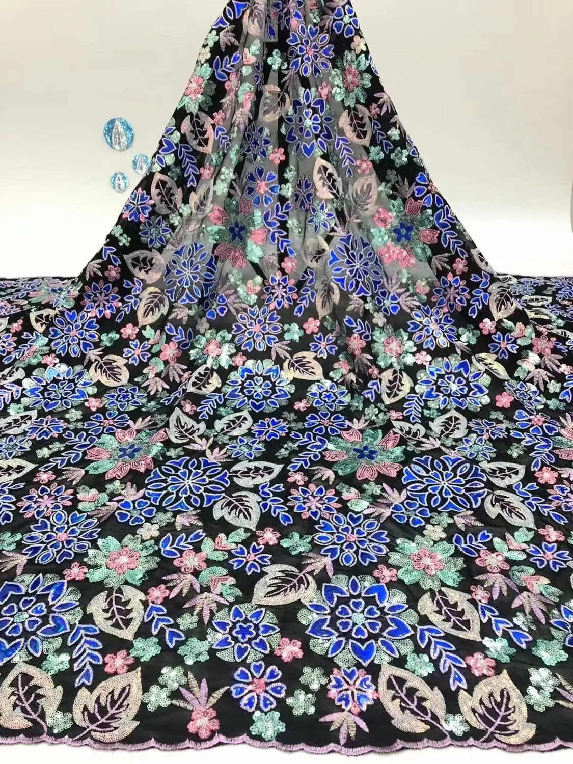 

African Velvet Sequins Lace Fabric High Quaity 3d Sequin Embroidery Tulle Lace Fabric For 5yards Lace Party FDF1113