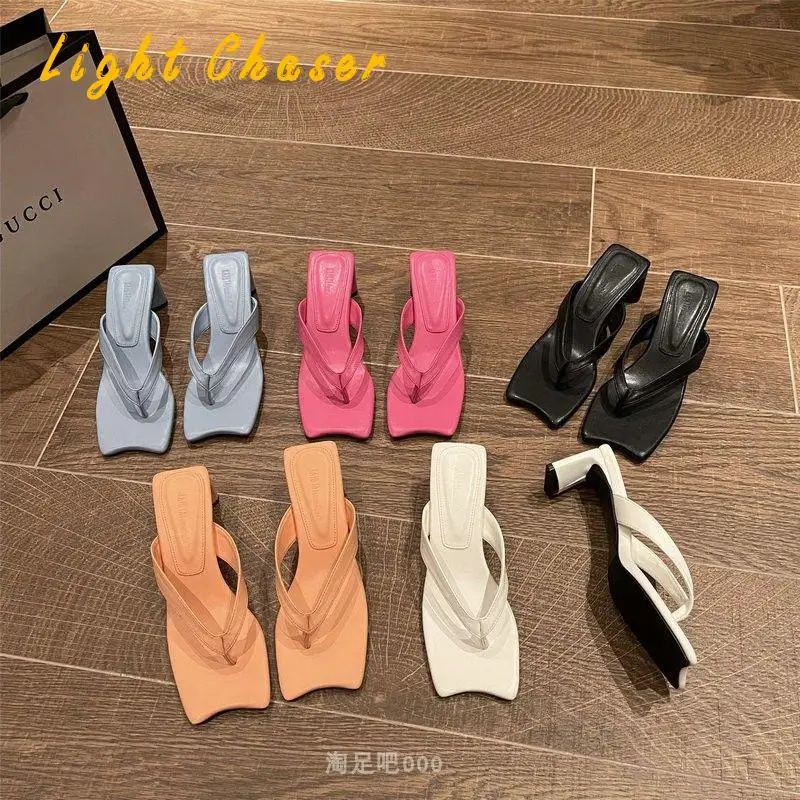 

High Heels Women's Flip Flops Women's Sandals Summer Square Toe Flip Flops Outer Wear Beach Sandals And Slippers Women's Shoes