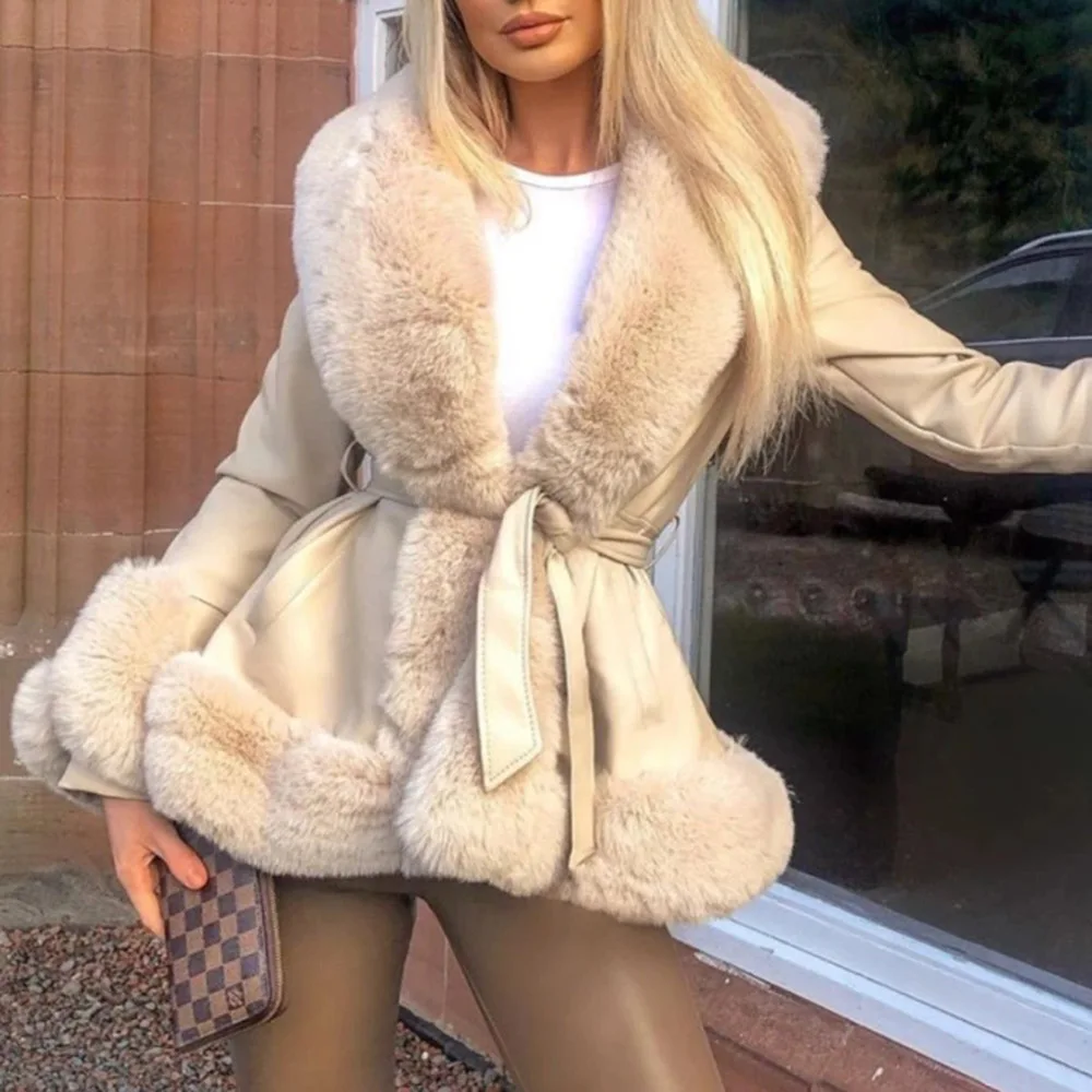 

Western Style Faux Fur Overcoat Autumn Winter Fashion Designer Hipster Thin Hot Sale PU Fur Collar Splicing Long Sleeve