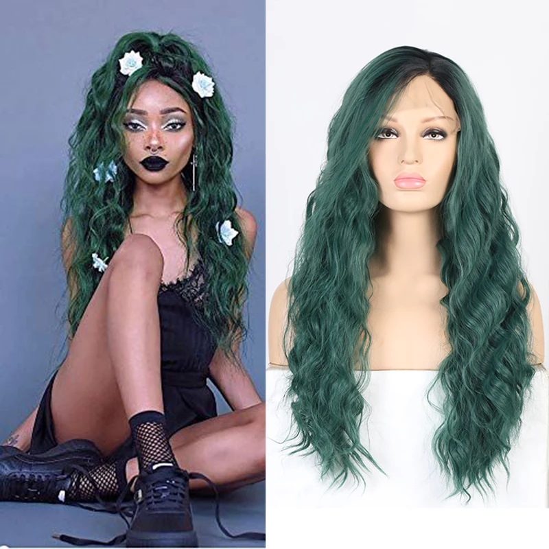 

AIMEYA Ombre Green Color High Temperature Hair Synthetic Lace Front Wig Long Wavy Two Tone Green Cosplay Wigs for Women