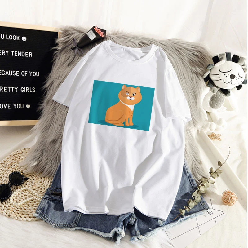 

Women summer Cute Cat printing o-neck t-shirt Vogue kawaii cat T-shirt ladies summer casual T-shirt clothing femme t-shirt