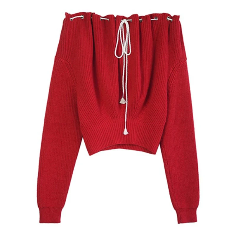 

2021 Red Sexy Off Shoulder Knitted Sweater Women Fashion Pullovers Knitwear Loose Batwing Long Sleeve Tops Jumper Pull Femme S87