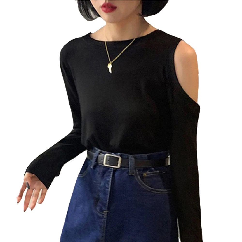 

Women T-shirt Off Shoulder Pop Long Sleeve Tops Round Neck Casual Sexy Simple Slim Solid Color Fall Nice Women Cothes