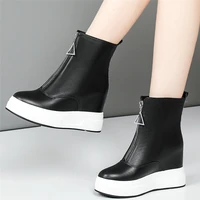 chic shoes women genuine leather wedges high heel motorcycle ankle boots female round toe fashion sneakers platform pumps shoes