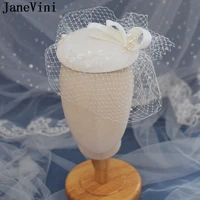 janevini ivory pearls sequined bridal hat with veil short mesh weddings hat for bride cap fashion church womens party headwear