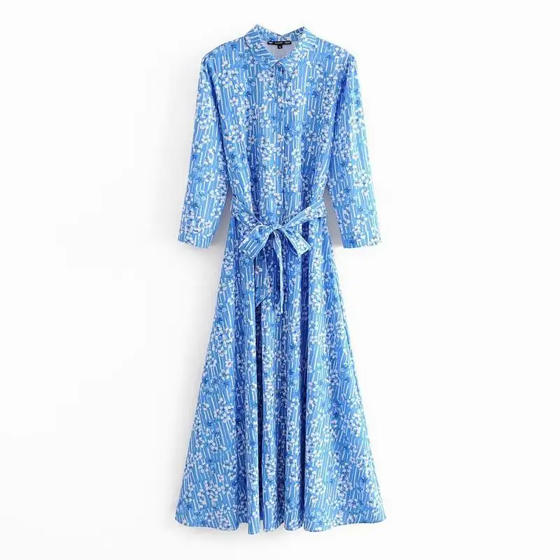 Женское длинное платье с поясом и цветочным принтом весна 2020 | Женская одежда