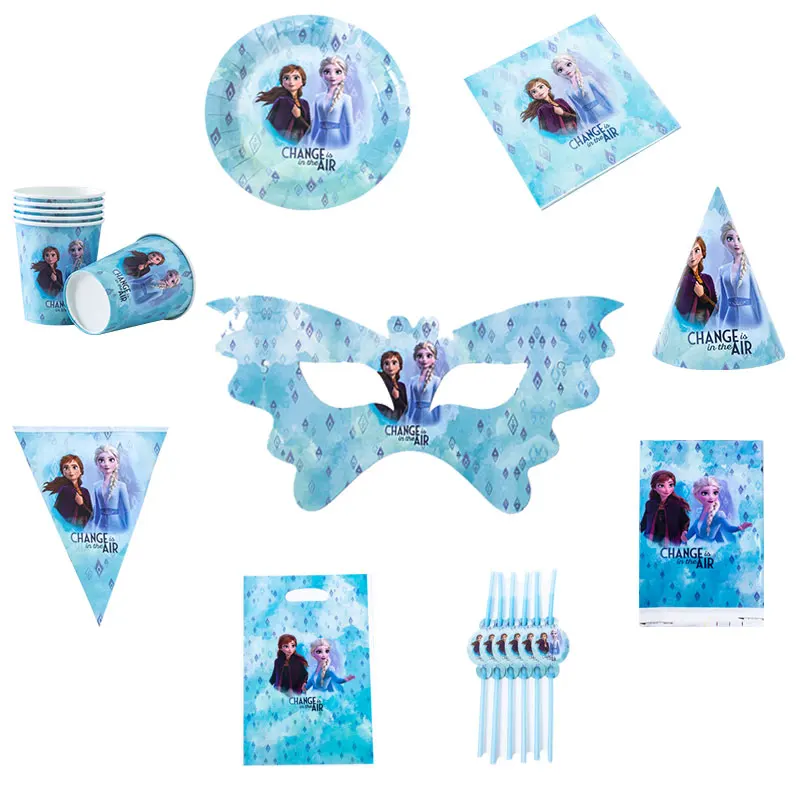 

New Frozen Anna Elsa Theme Happy Birthday Party Decor For 6 People Disposable Tableware Plate Napkin Decoration Party Supplies