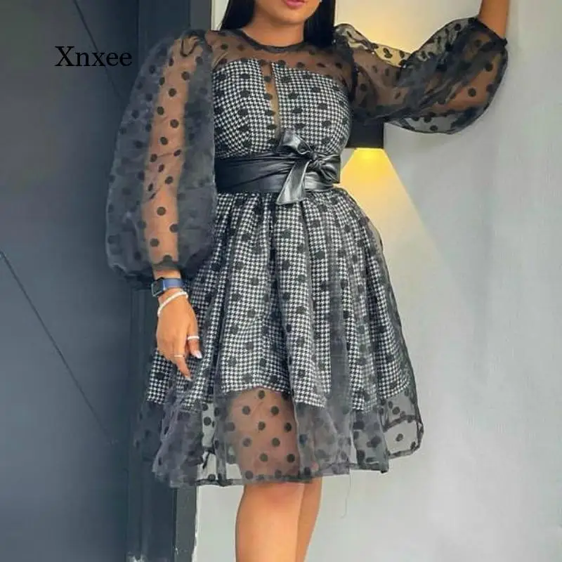 

Черное Сетчатое мини-платье в горошек, комплект из двух предметов, Прозрачный женский свободный клетчатый прозрачный халат с принтом и поясом, Новинка лета