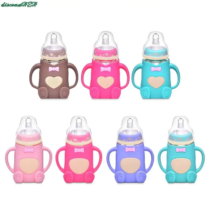 

240ml Cartoons Baby Silicone Glass Feeding Bottle BPA Free Safety Baby Drop-proof Glass Feeding Bottle Baby Feeding Care Gifts