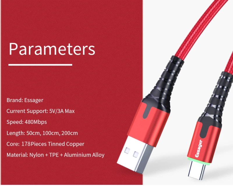 Essager светодиодный usb type C быстрый заряд кабеля провода шнур 3 м кабель usbc для Xiaomi K20 samsung Oneplus 7 Pro мобильный телефон USB-C провода