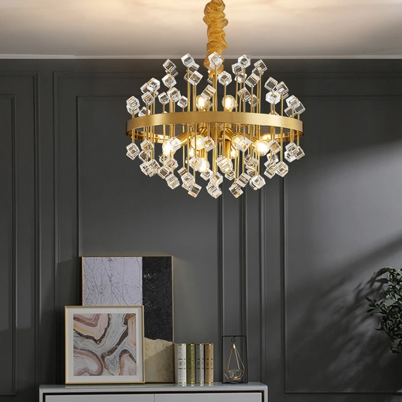 للبيع Led ما بعد الحداثة مكعب كريستال الذهبي الحديد المجال الثريا مصباح معلق Lampen بريق داخلي تعليق الإنارة لغرفة النوم