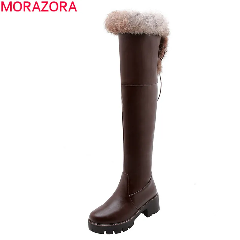 

MORAZORA 2021 plus size 33-43 winter snow boots square heels round toe ladies shoes keep warm solid color over the knee boots
