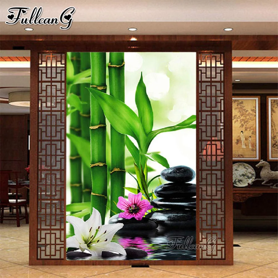 

FULLCANG Green bamboo black stone flower 5d diy diamond painting full square round rhinestone embroidery kits decoration FG0221