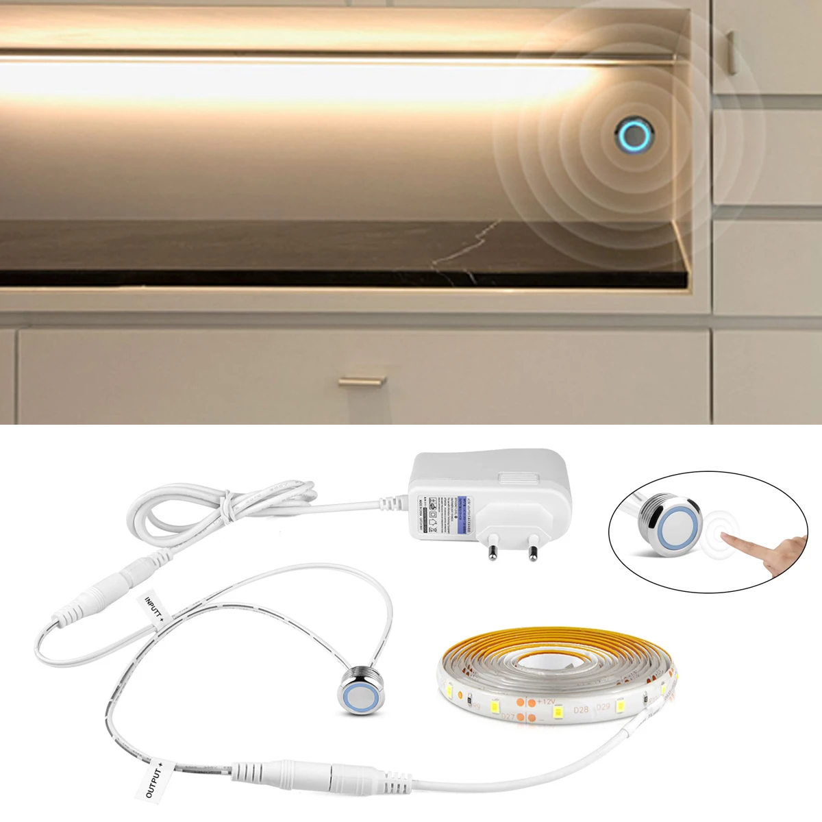 

LED Strip Light Dimmable Touch Sensor Control LED Strips 2835 Lamp Tape 220V AC To DC 12V 2A Power Kitchen Bed Lighting