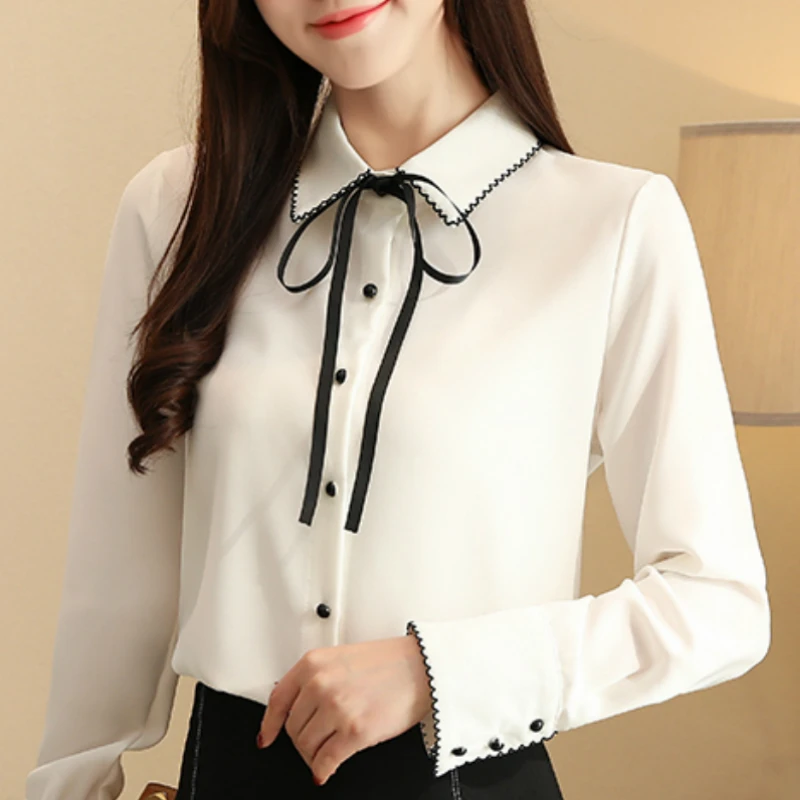 Женские топы и блузки с длинным рукавом белая Шифоновая Блузка модные женские 2020