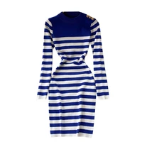 new spring autumn women long sleeve slim mini dress high quality buttons decoration color blocked striped knitted sweater dress