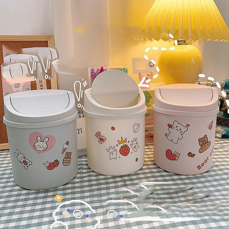 

Desktop Trash Can PP Material Mini Girly Style Push Trash Can With Lid Office Home Bedroom Desktop Storage Box