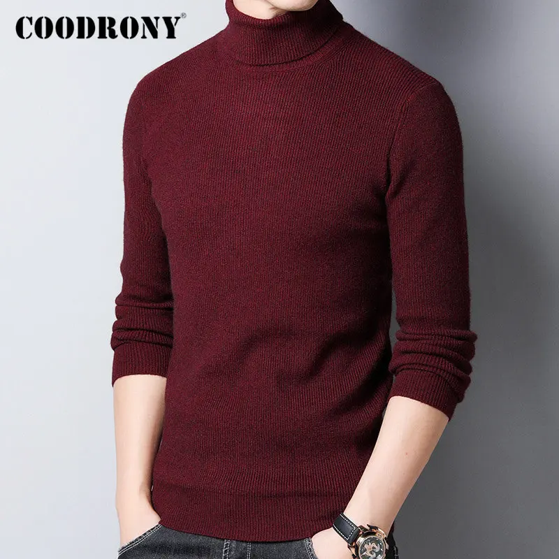 Красный COODRONY свитер для мужчин Уличная мода трикотаж кашемир водолазка Pull Homme осень зима толстый теплый шерстяной пуловер для мужчин 91099 - Цвет: Красный