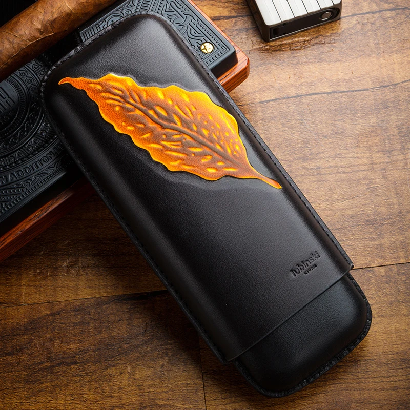 

LUBINSKI Genuine Leather Black Leaf Design Cigar Case Travel Case Humidor Holder 2/3 Tube Fit Cigars Tobacco Storage