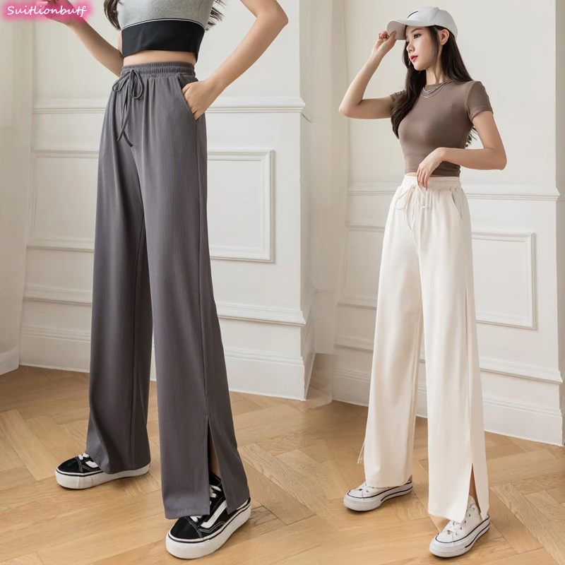 

Ice Silk Wide Leg Pants 2021 Summer Drawstring Lace Elastic Waist Straight Trousers Solid Color Casual Split Fork Women Pants