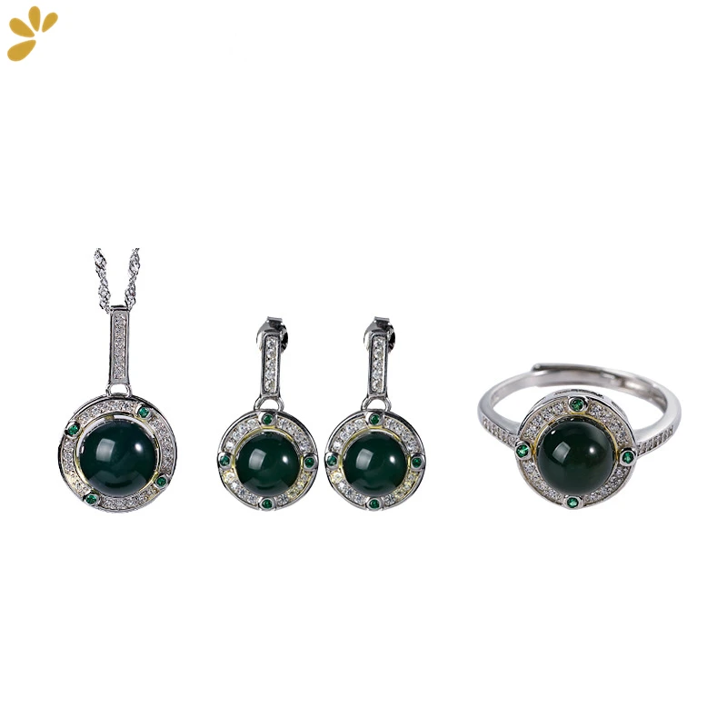 

Natural Blue Amber S925 Silver Women's Jewelry Sets Ring Stud Earrings Pendant Zircons Elegant Trendy Fine Jewel Engagement Gift
