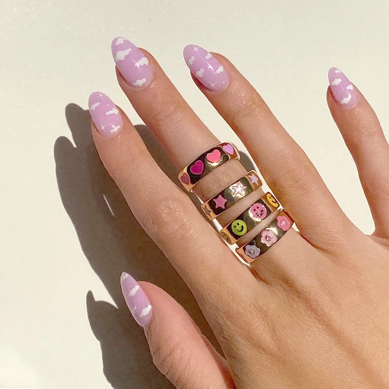 

Korean Pink Bagua Yin Yang Aesthetic Rings For Women Happy Smile Face Star Flower Enamel Ring Fashion Y2K Jewelry 2021 New Gifts