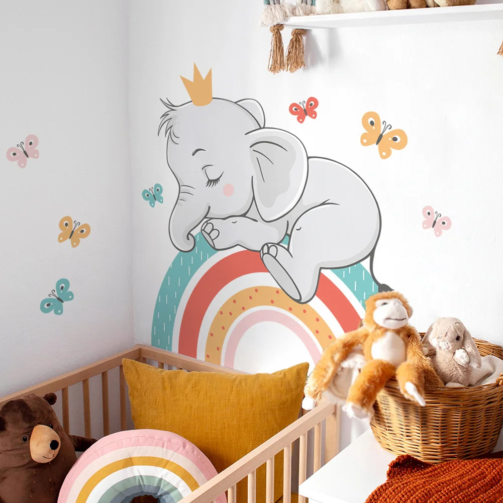 

Butterfly Rainbow Elephant Wall Sticker For Kids Baby Room Bedroom Home Decoration Decals Stickers Cartoon Nursery Wallpaper