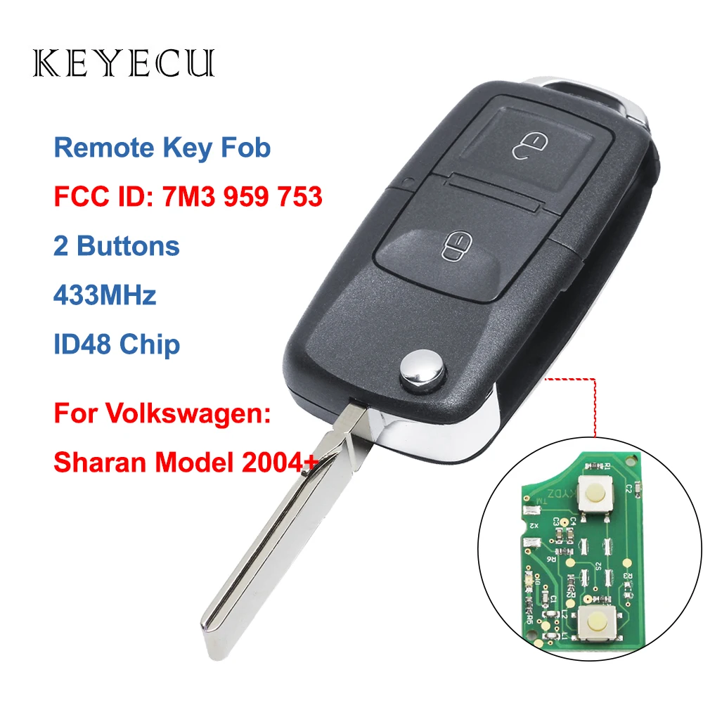 Keyecu 7M3 959 753 2 кнопки дистанционный Автомобильный ключ 433 МГц ID48 для VW Volkswagen Sharan Model
