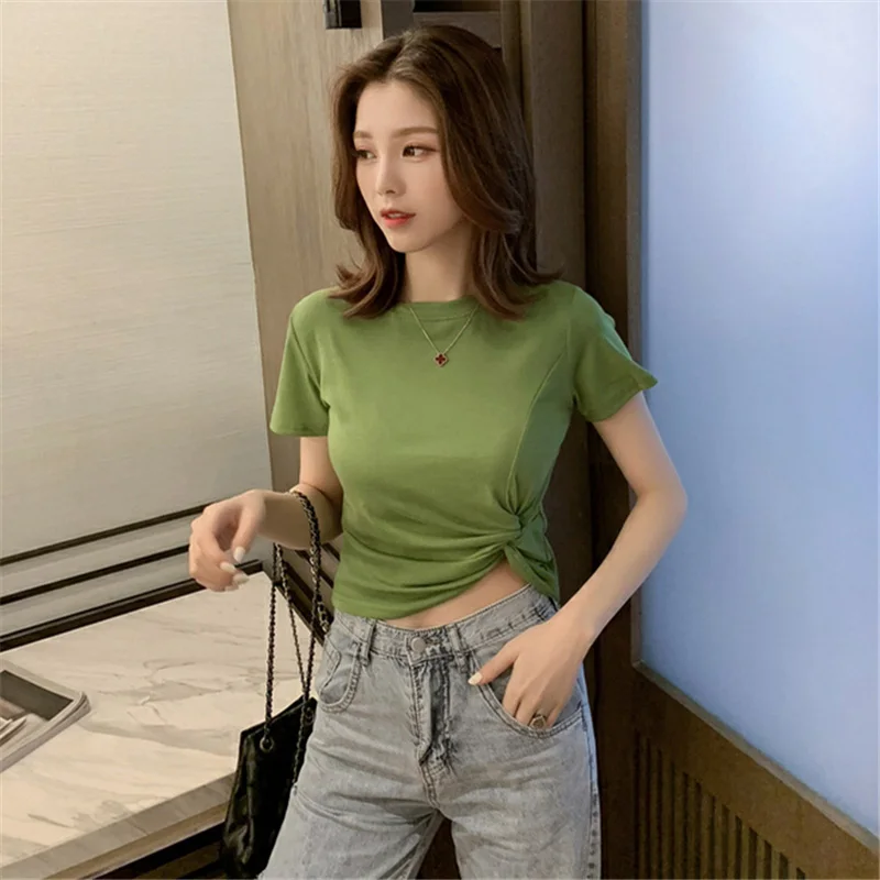 

Women's Cotton Short-Sleeved T-shirt Internet Celebrity Short Bottoming Shirt Solid Color High Waist Design Sense Navel-Exposed