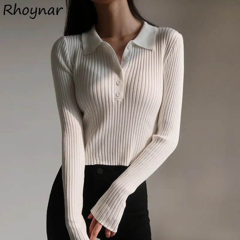 

Pullovers Women Spring Autumn Fashion Slim Solid 4 Colors All-match Elegant Lady Leisure Comfortable Turn Down Collar Button New