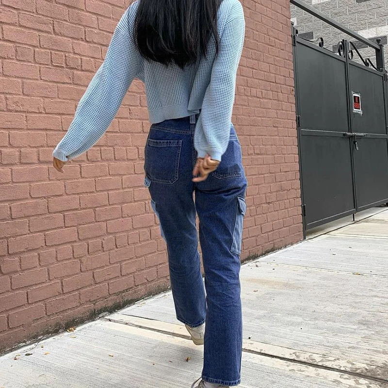 

SUCHCUTE Patchwork Women's Straight Pants High Waist Pockets Classic Streetwear Y2K Jeans Pants Harajuku Fashion Denim Trousers