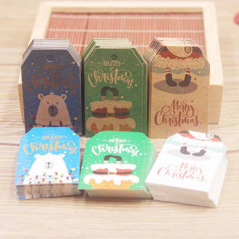 

100pcs Santa Claus Paper Cards Merry Christmas Series Paper Hang Tags DIY Kraft Christmas Party Labels Gift Wrapping Supplies