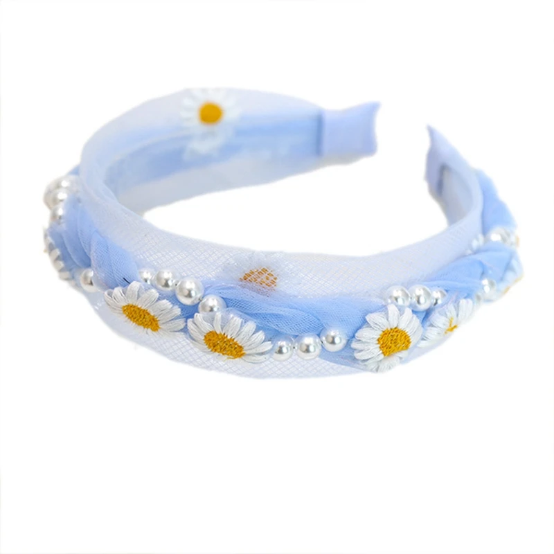 

New Summer Daisy Pearls Headband For Women Girls Super Fairy Lace Transparent Mesh Embroidery Women Flower Headband Hair Hoop