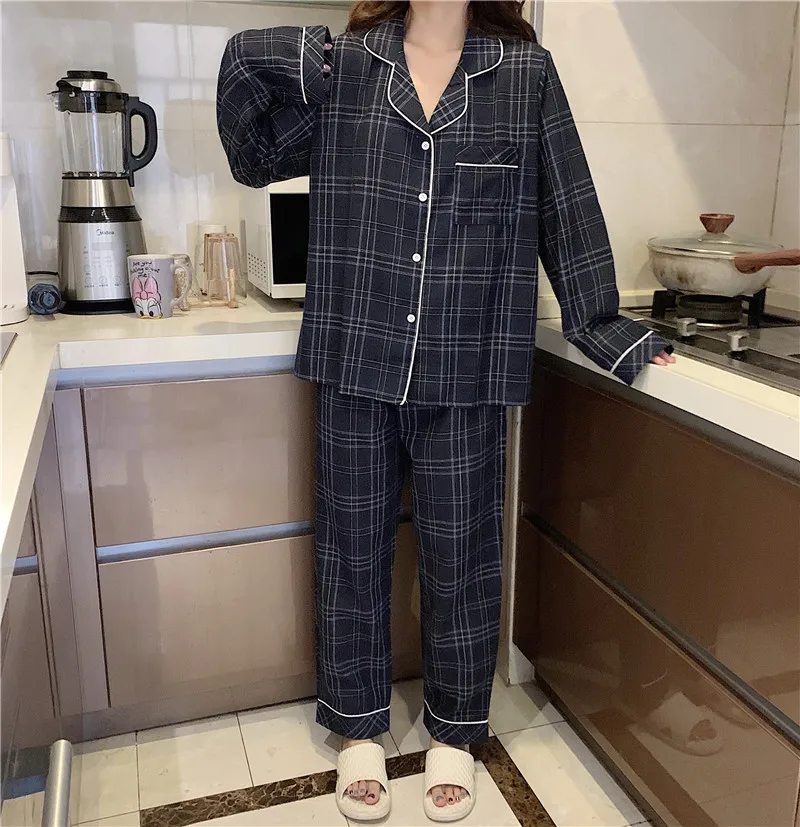 autumn casual home set women pajamas set pocket plaid sleepwear 2 piece set lapel collar shirts pants lounge wear homewear Y141