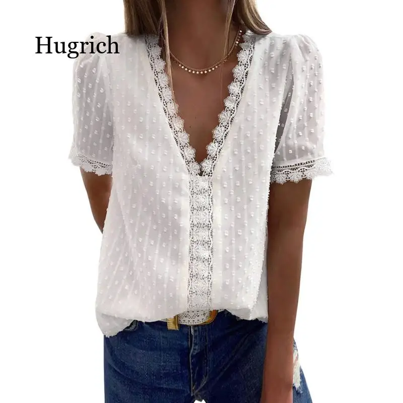 

Summer New Solid Color Deep V-Neck Chiffon Shirt Women's Embroidery Lace Short Sleeve Top 2021 Fashion